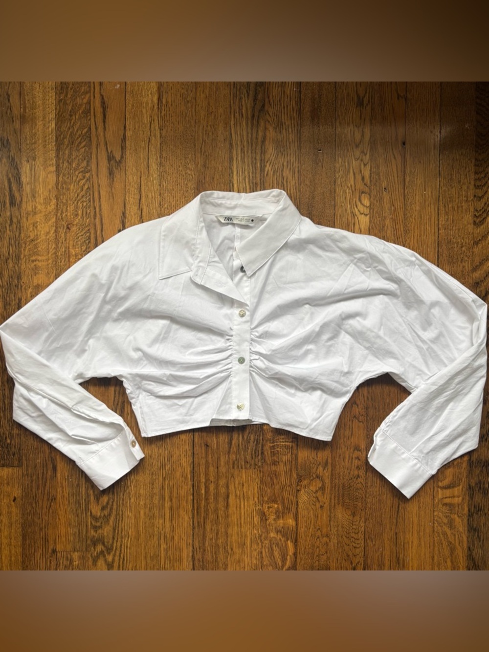 Zara White Cropped Button-Down Shirt w Rouching